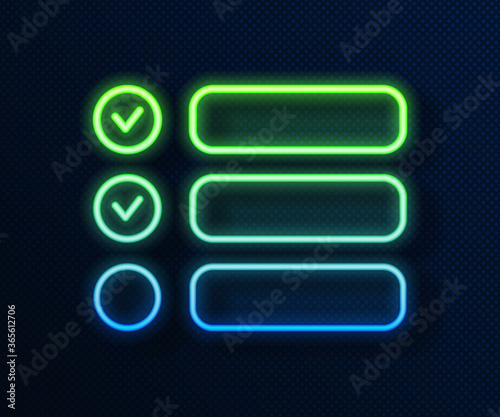 Glowing neon line Task list icon isolated on blue background. Control list symbol. Survey poll or questionnaire feedback form. Vector Illustration.