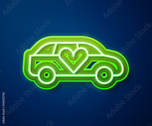 Glowing neon line Luxury limousine car icon isolated on blue background. For world premiere celebrities and guests poster. Vector.
