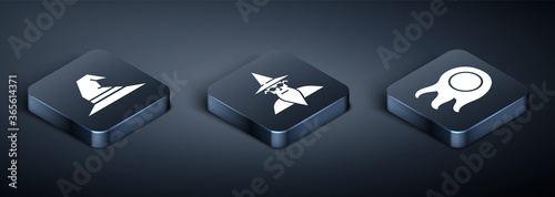Set Isometric Witch hat, Fireball and Wizard warlock icon. Vector.