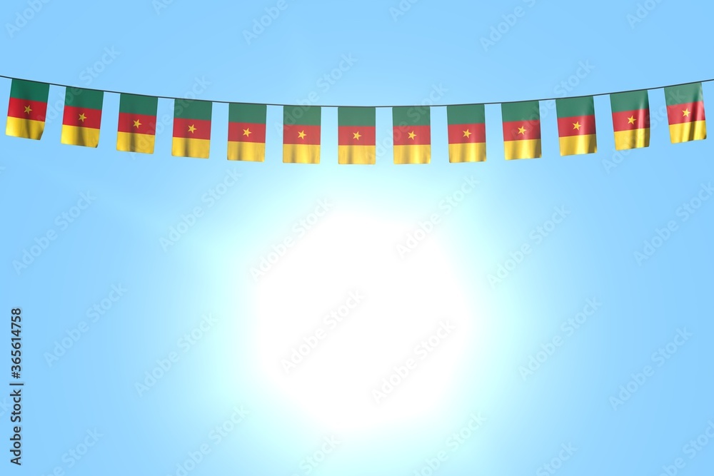 wonderful any feast flag 3d illustration. - many Cameroon flags or banners hanging on rope on blue sky background