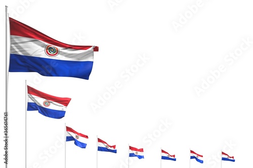 wonderful many Paraguay flags placed diagonal isolated on white with place for your content - any occasion flag 3d illustration..