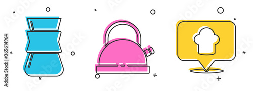 Set Coffee turk, Kettle with handle and Chef hat with location icon. Vector.