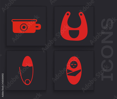 Set Newborn baby infant swaddled, Baby potty, Baby bib and Classic steel safety pin icon. Vector.