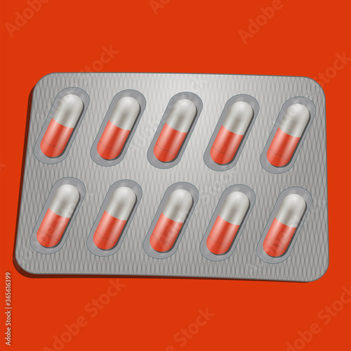 Blister orange and white pills. AI vector illustration.