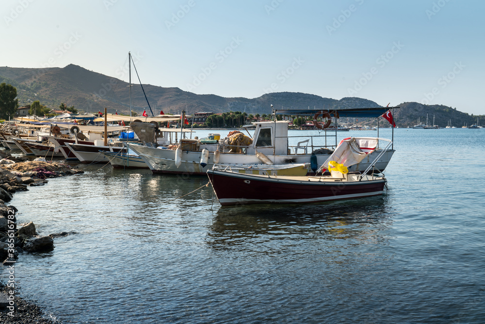 Selimiye village and Selimiye bay on Bozburun peninsula near Marmaris resort town in Mugla province on the south west coast of Turkey. Fishing and small pleasure boats
