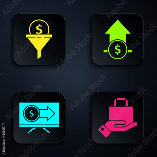Set Hand and paper shopping bag, Lead management, Monitor with dollar and Financial growth and coin. Black square button. Vector.
