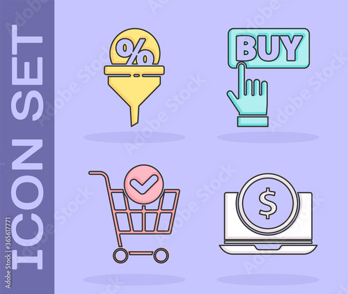 Set Laptop with dollar, Lead management, Shopping cart with check mark and Buy button icon. Vector.