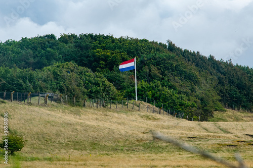 Dutch landscape with flag of the Netherlands