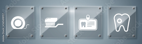 Set Tooth with caries, Id card with tooth, Toothbrush with toothpaste and Dental floss. Square glass panels. Vector.