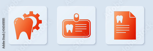 Set Id card with tooth, Tooth treatment procedure and Clipboard with dental card. White square button. Vector.