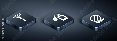 Set Isometric Shaving razor, Makeup powder with mirror and Aftershave bottle with atomizer icon. Vector.