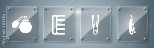 Set Straight razor, Curling iron for hair, Hairbrush and Aftershave bottle with atomizer. Square glass panels. Vector.