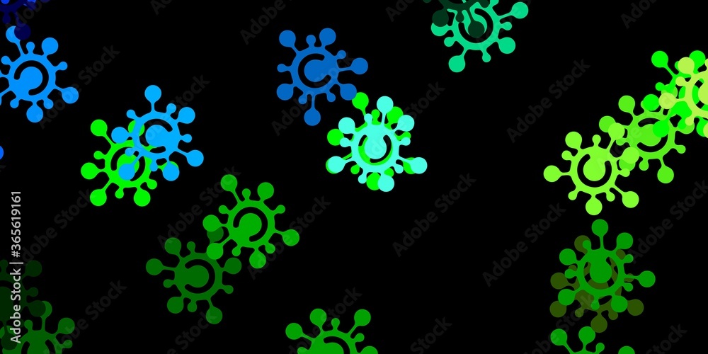 Dark blue, green vector background with covid-19 symbols. Dark blue, green vector background with covid-19 symbols.