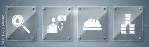 Set Barrel oil, Worker safety helmet, Nature saving protest and Oil drop. Square glass panels. Vector.