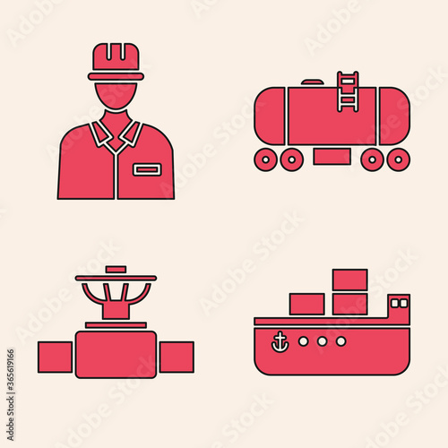 Set Oil tanker ship, Oilman, Oil railway cistern and Industry pipe and valve icon. Vector.