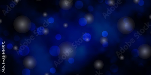 Dark BLUE vector backdrop with circles, stars. Illustration with set of colorful abstract spheres, stars. Pattern for booklets, leaflets.