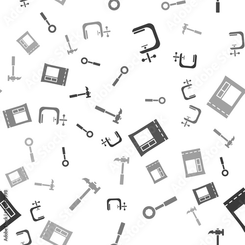 Set Clamp and screw tool, Wrench spanner, Cement bag and Claw hammer on seamless pattern. Vector.