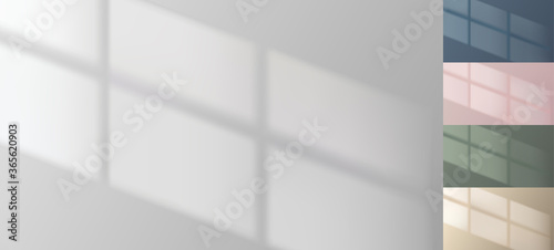 Window drop shadow on empty wall. Minimal background. Pink, blue, green, beige collection. Interior mockup. Photorealistic reflection. Real life room template. Vector illustration.