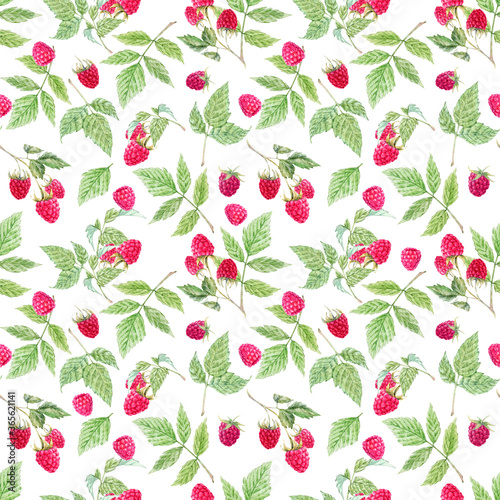 Beautiful seamless pattern with watercolor raspberry and leaves. Stock illustration.