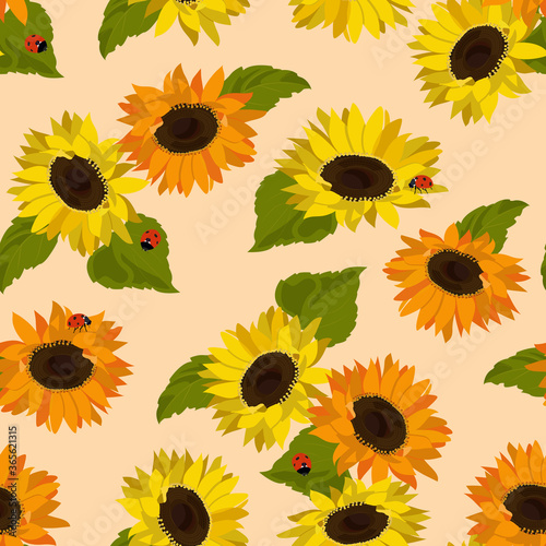 Seamless vector illustration with sunflowers and ladybirds on a beige background.