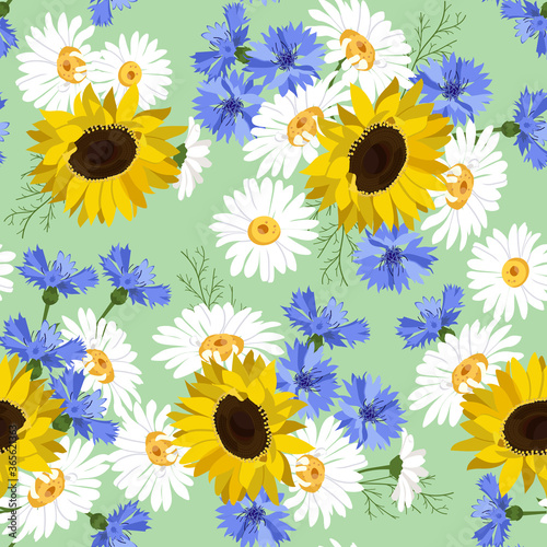 Seamless vector illustration with sunflowers, cornflowers and chamomile.