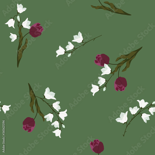 Seamless vector illustration with tulips and campanula on a green background.