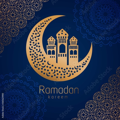 Crescent Islamic with Hanging Lantern for Ramadan Kareem and eid mubarak. Golden Half Moon pattern,background.vector illustration photo