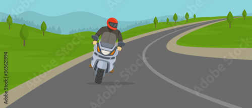 Biker riding motorcycle on the highway. Cornering or turning bike. Flat vector illustration template.