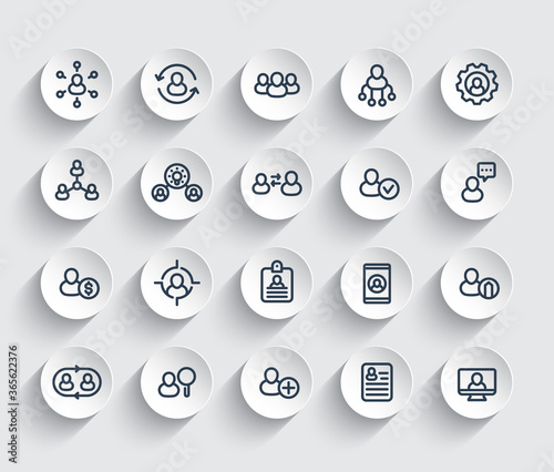 Human resources and personnel management, HR, staff rotation, coaching, hiring line icons set