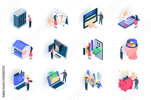 Banking service isometric icons set. Digital wallet, financial analytics and balance, money transaction flat vector illustration. Credit card payment 3d isometry pictograms with people characters.