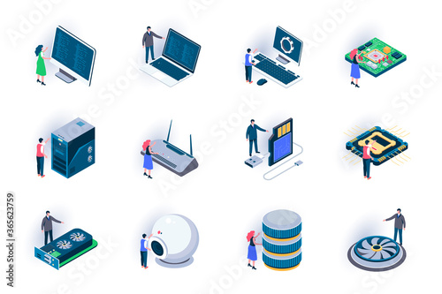 Computer elements isometric icons set. Digital electronics components and computer parts flat vector illustration. Hardware equipment for system unit 3d isometry pictograms with people characters.