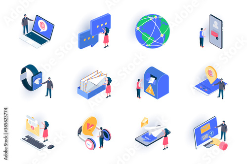 Social contacts isometric icons set. People sending email and chatting with digital devices flat vector illustration. Online communication and messaging 3d isometry pictograms with people characters.