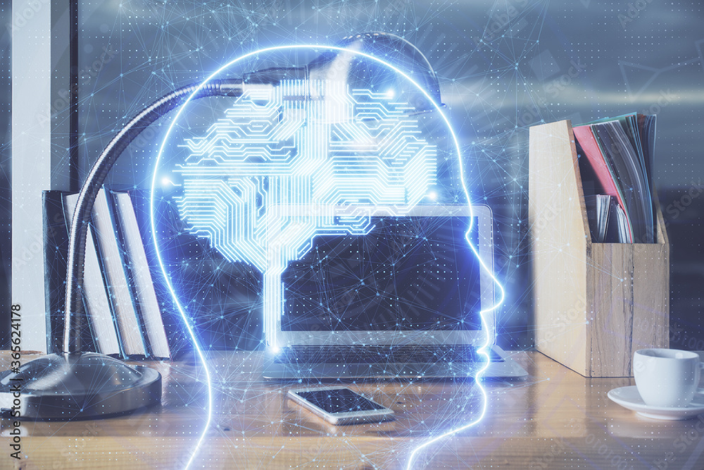 Multi exposure of work table with computer and brain hologram. Brainstorm concept.