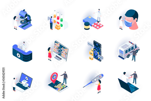 Medical service isometric icons set. Diagnosis and treatment in clinic flat vector illustration. Online doctor consultation, life insurance and healthcare 3d isometry pictograms with people characters