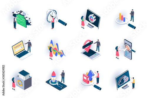 SEO optimization isometric icons set. Digital marketing, research and strategy planning, traffic analysis flat vector illustration. SEO technology 3d isometry pictograms with people characters.