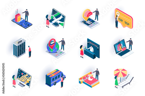 Travel vacation isometric icons set. Online ticket booking, hotel reservation service flat vector illustration. Summertime vacation, hot tours offers 3d isometry pictograms with people characters.