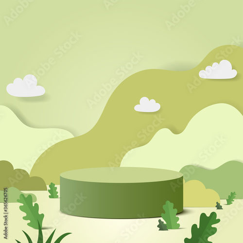 Abstract minimal scene with geometric forms. cylinder podium in green background with green plant leaves. product presentation, mockup, show product, podium, stage pedestal or platform. 3d vector