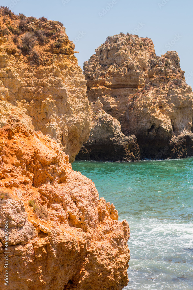Algarve, Lisbon. Beautiful bay near Lagos town with high cliffs on the shore of the Atlantic Ocean. The Algarve is the southernmost region of continental Portugal. 