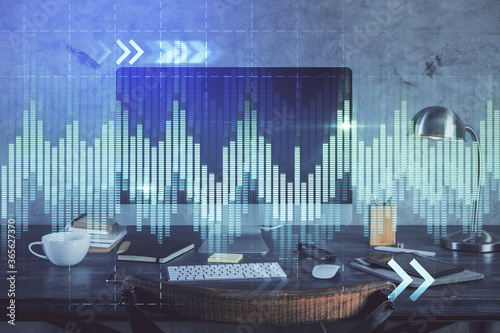 Double exposure of forex chart and work space with computer. Concept of international online trading.