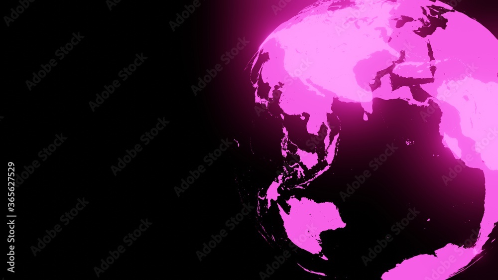Pink holographic globe on black text space.


