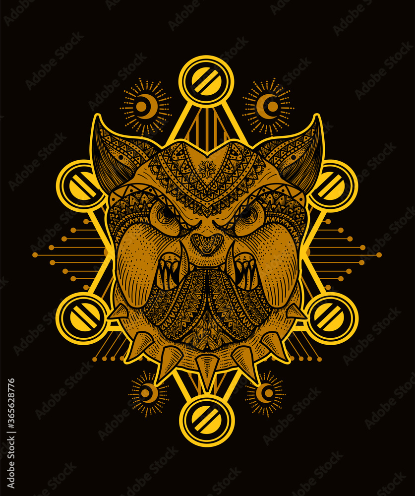 Fototapeta premium Illustration vector Dog head mandala tribal style with sacred geometry on black background.
