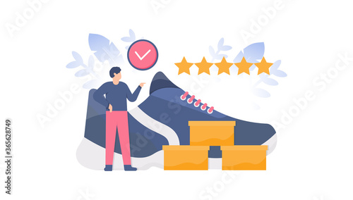 illustration of man standing in front of a large shoe with some boxes. the concept of shoes and fashion business. flat design. can be used for elements, landing pages, UI, web sites.