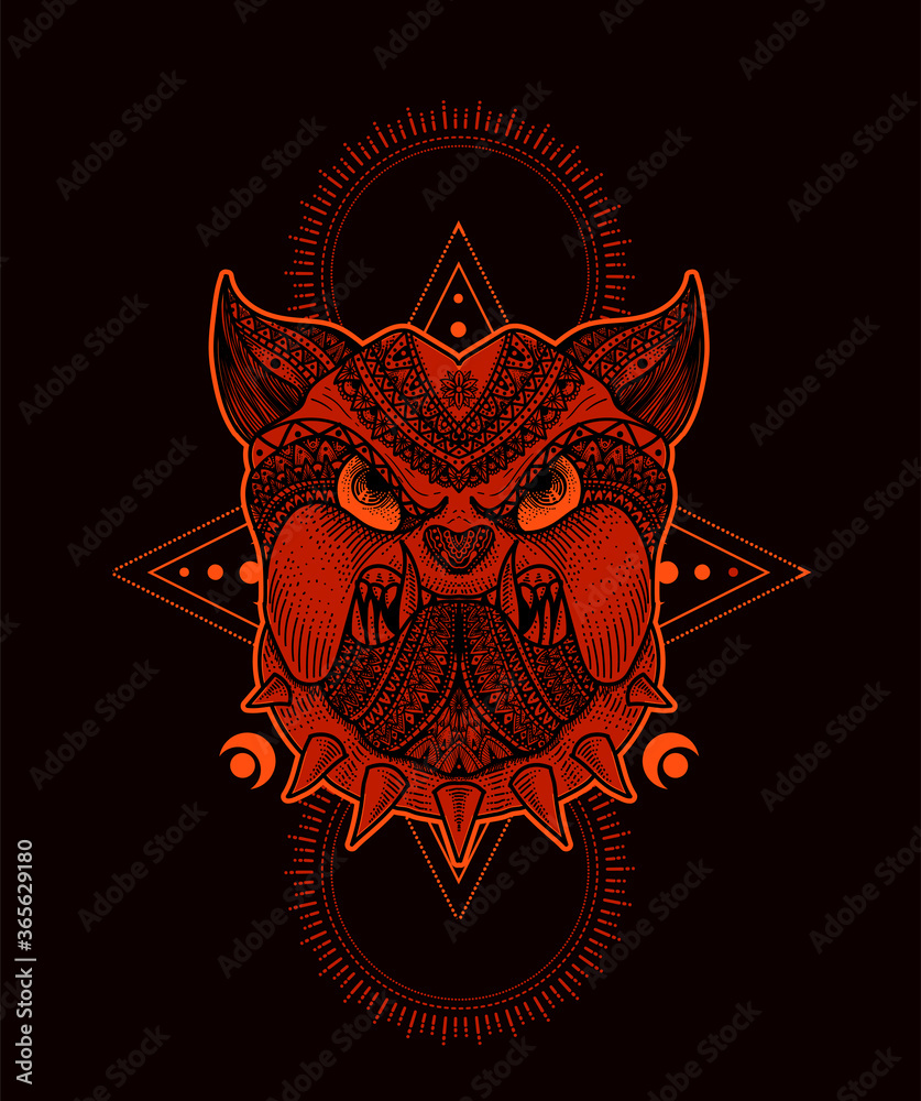 Fototapeta premium Illustration vector Dog head mandala tribal style with sacred geometry on black background.