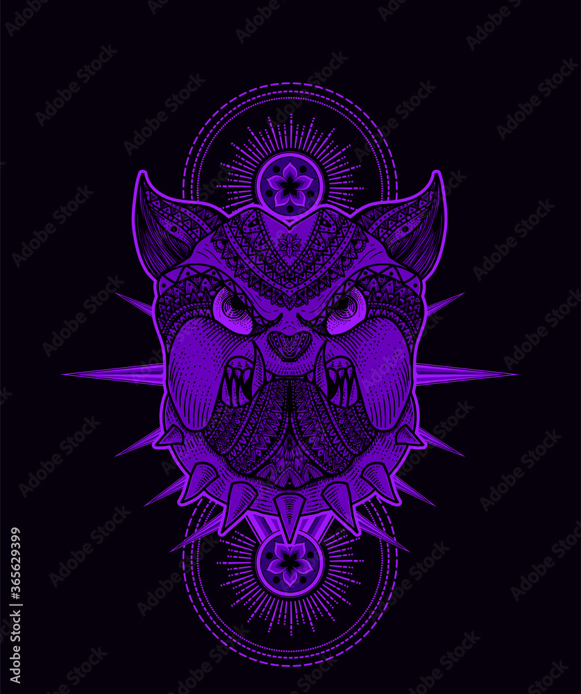 Illustration vector Dog head mandala tribal style with sacred geometry on black background. Illustration vector Dog head mandala tribal style with sacred geometry on black background.