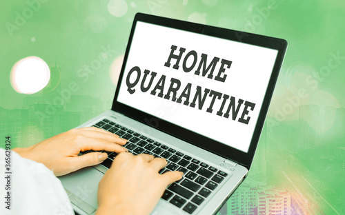 Word writing text Home Quarantine. Business photo showcasing Encountered a possible exposure from the public for observation Modern gadgets with white display screen under colorful bokeh background photo