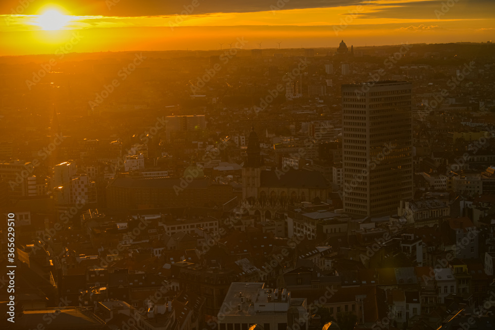 Fototapeta premium Summer sunset over Brussels - Top view of capital city of Belgium with spectacular lights and colour
