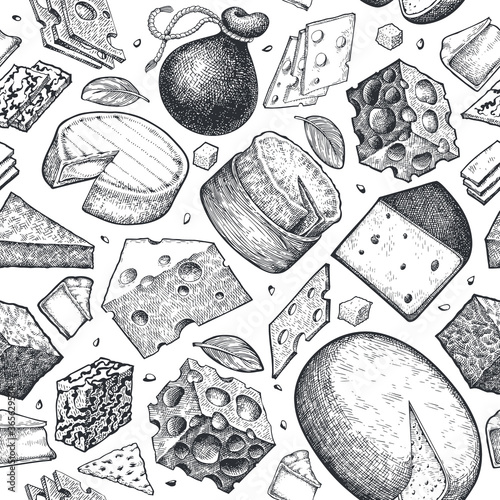 Cheese seamless pattern. Hand drawn vector dairy illustration. Engraved style different cheese kinds. Retro food background.