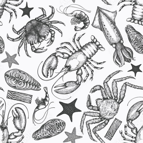 Seafood seamless pattern. Hand drawn vector seafood illustration. Engraved style food banner. Vintage sea animals background