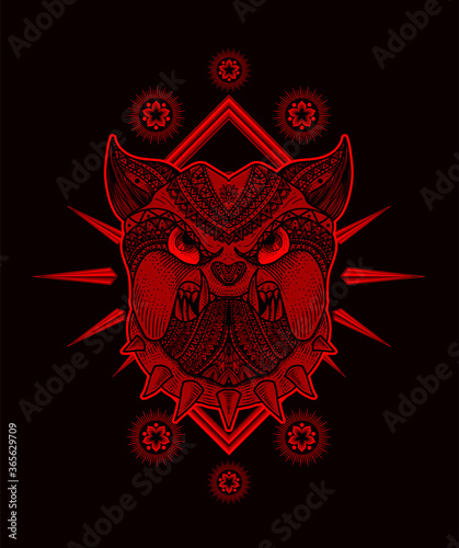 Illustration vector Dog head mandala tribal style with sacred geometry on black background.