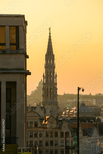 Brussels / Belgium - 2020: Amazing summer sunset at Garden of the Mont des Arts square with view over the city centre and Grand Place